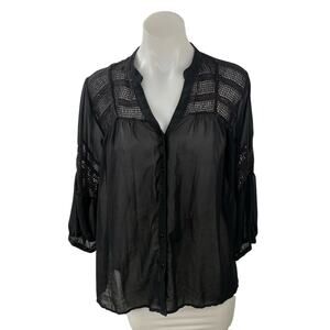 Vila Women's Black Lace Eyelet Long Sleeve Mesh Button Down Blouse Top Size M